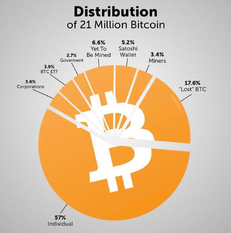 2100万枚比特币中已丢失占比达17.6%，个人持有占比达57%